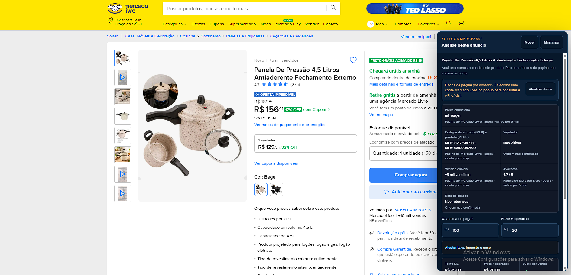Captura real de um anúncio do Mercado Livre analisado pelo Radar conectado ao FullCommerce360